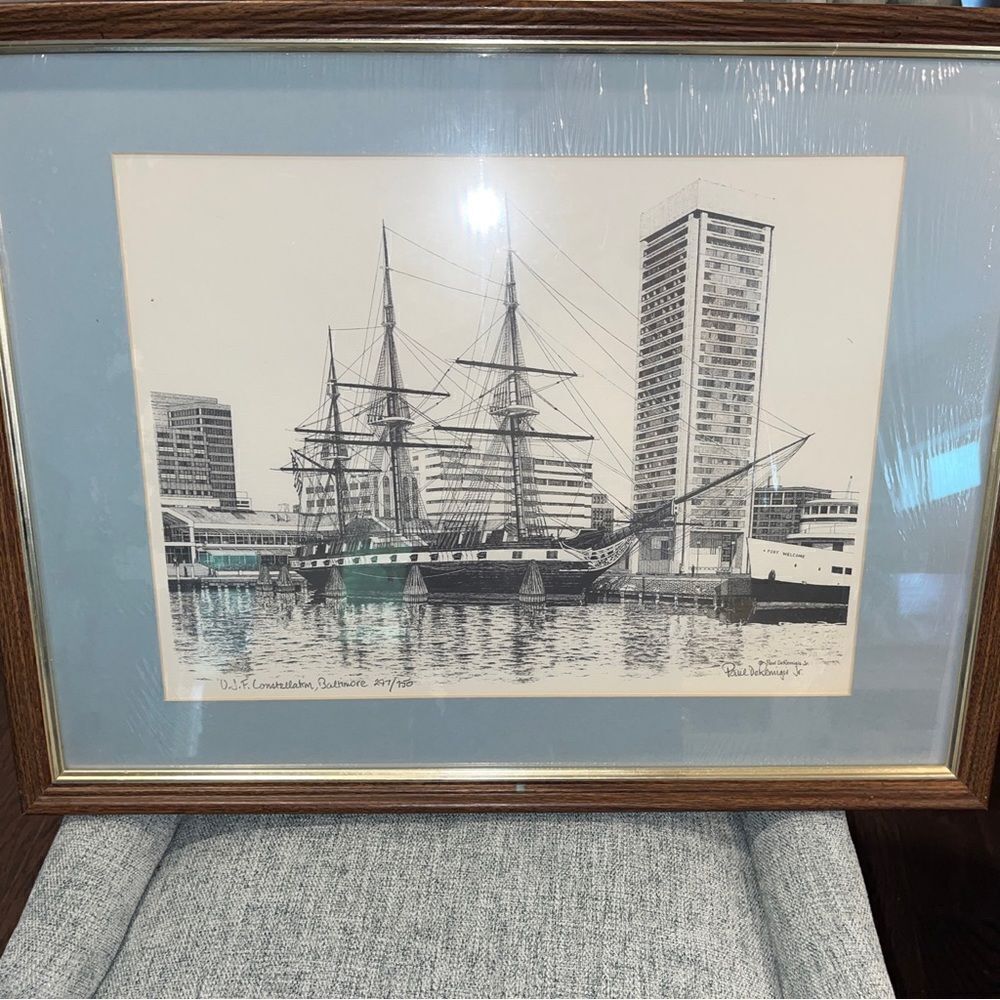 USF USS DeRemigis Constellation Baltimore harbor signed and numbered lithograph